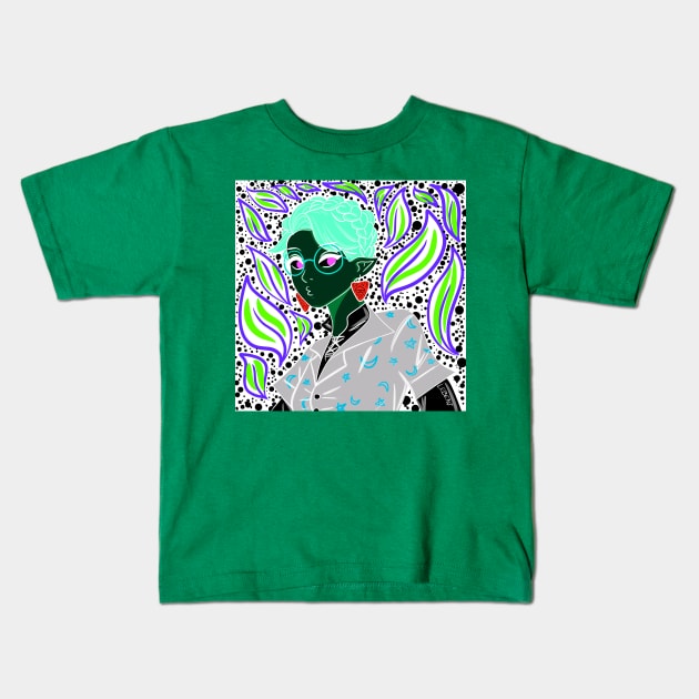dark witch in green glasses in boho style pattern ecopop Kids T-Shirt by jorge_lebeau